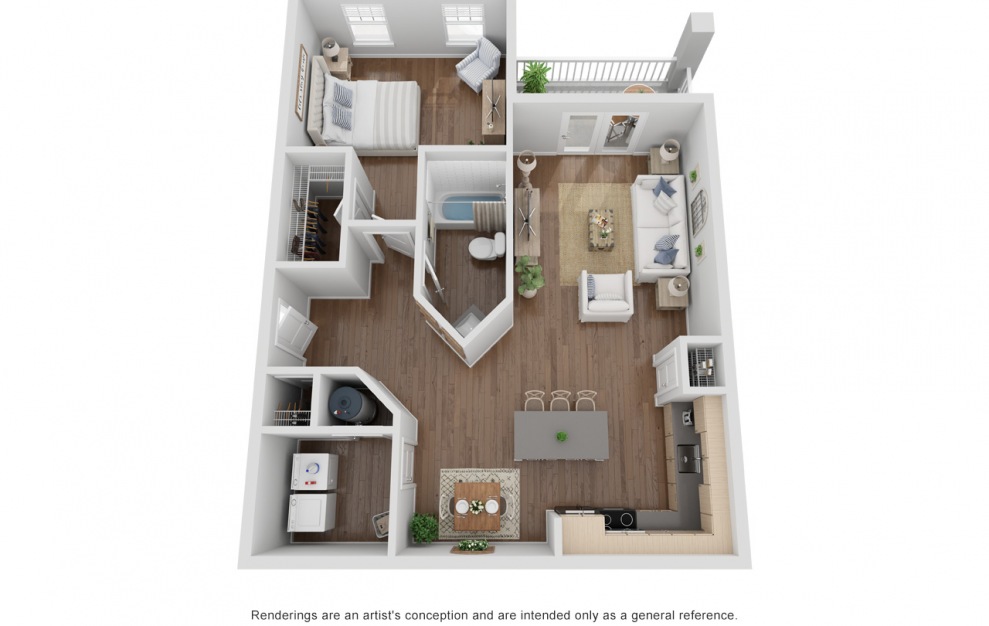 One Bedroom w/ Garage - E - 1 bedroom floorplan layout with 1 bath and 846 square feet.