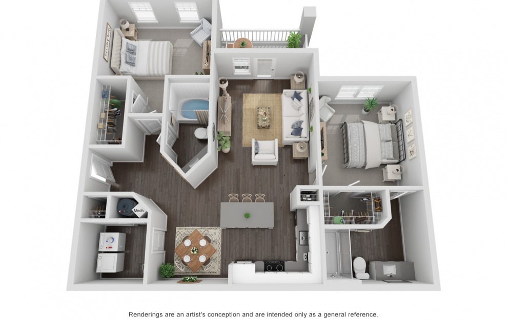 Two Bedroom - F - 2 bedroom floorplan layout with 2 baths and 1136 square feet.