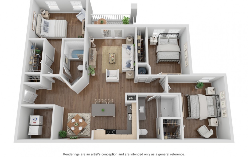 Three Bedroom - E - 3 bedroom floorplan layout with 2 baths and 1335 square feet.