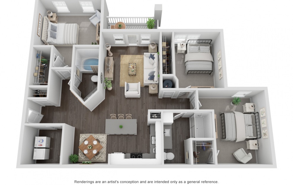 Three Bedroom - F - 3 bedroom floorplan layout with 2 baths and 1335 square feet.
