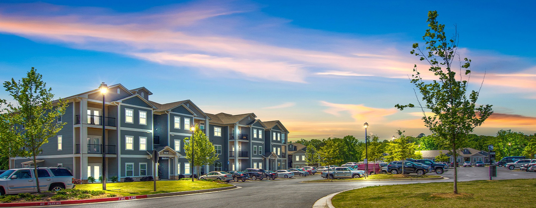 Exterior view of the apartments during sunset